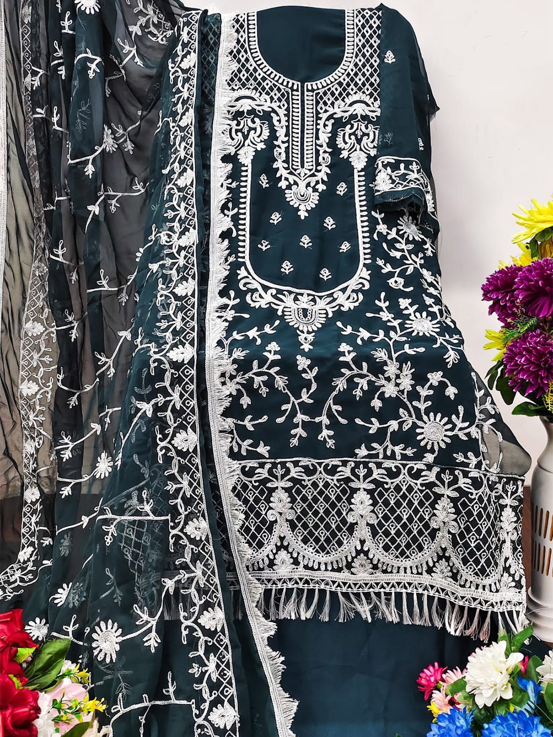 

mimi design Floral Embroidered Unstitched Dress Material, Turquoise blue