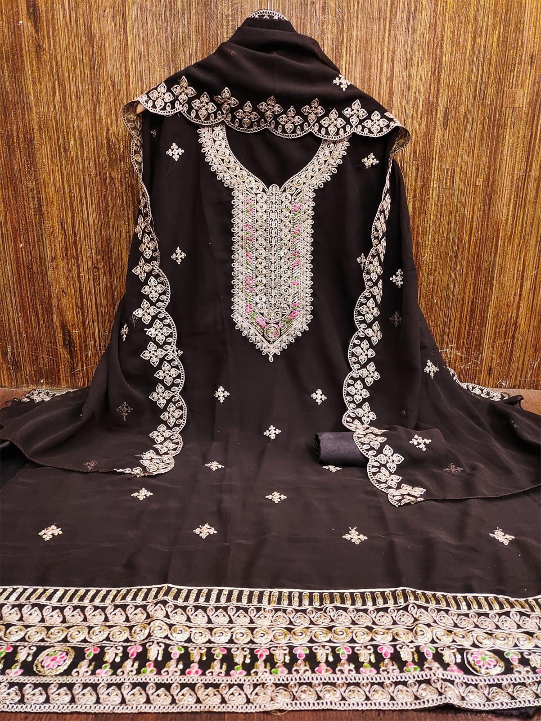 

mimi design Floral Embroidered Unstitched Dress Material, Brown