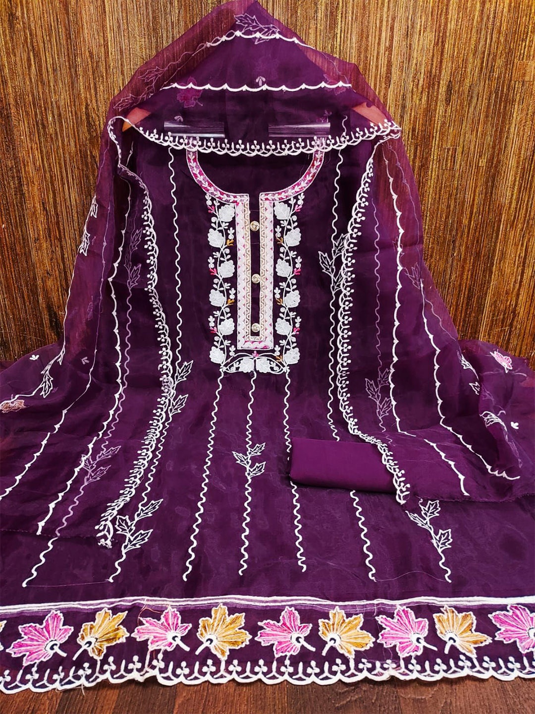 

mimi design Women Organza Embroidered Unstitched Dress Material, Purple