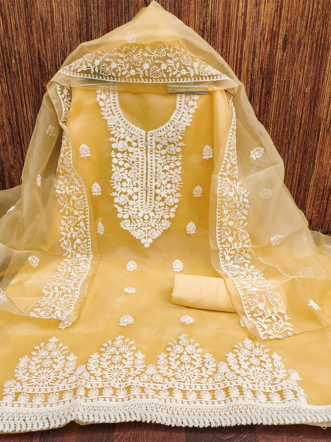 

mimi design Organza Unstitched Dress Material, Mustard