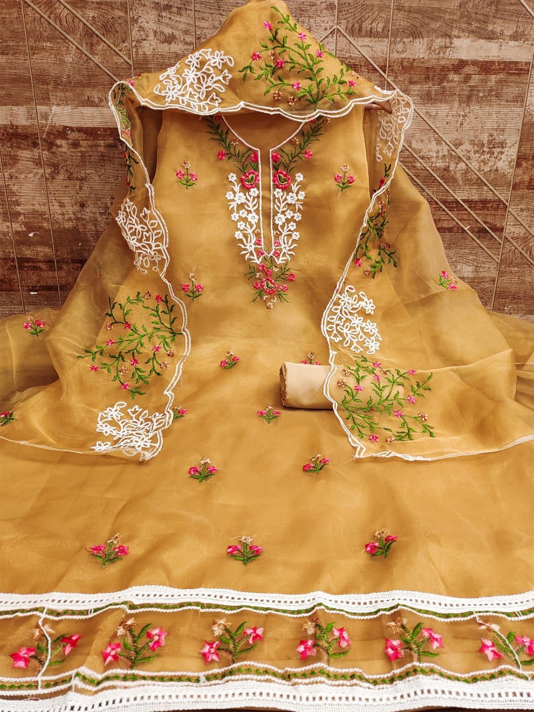 

mimi design Organza Unstitched Dress Material, Mustard