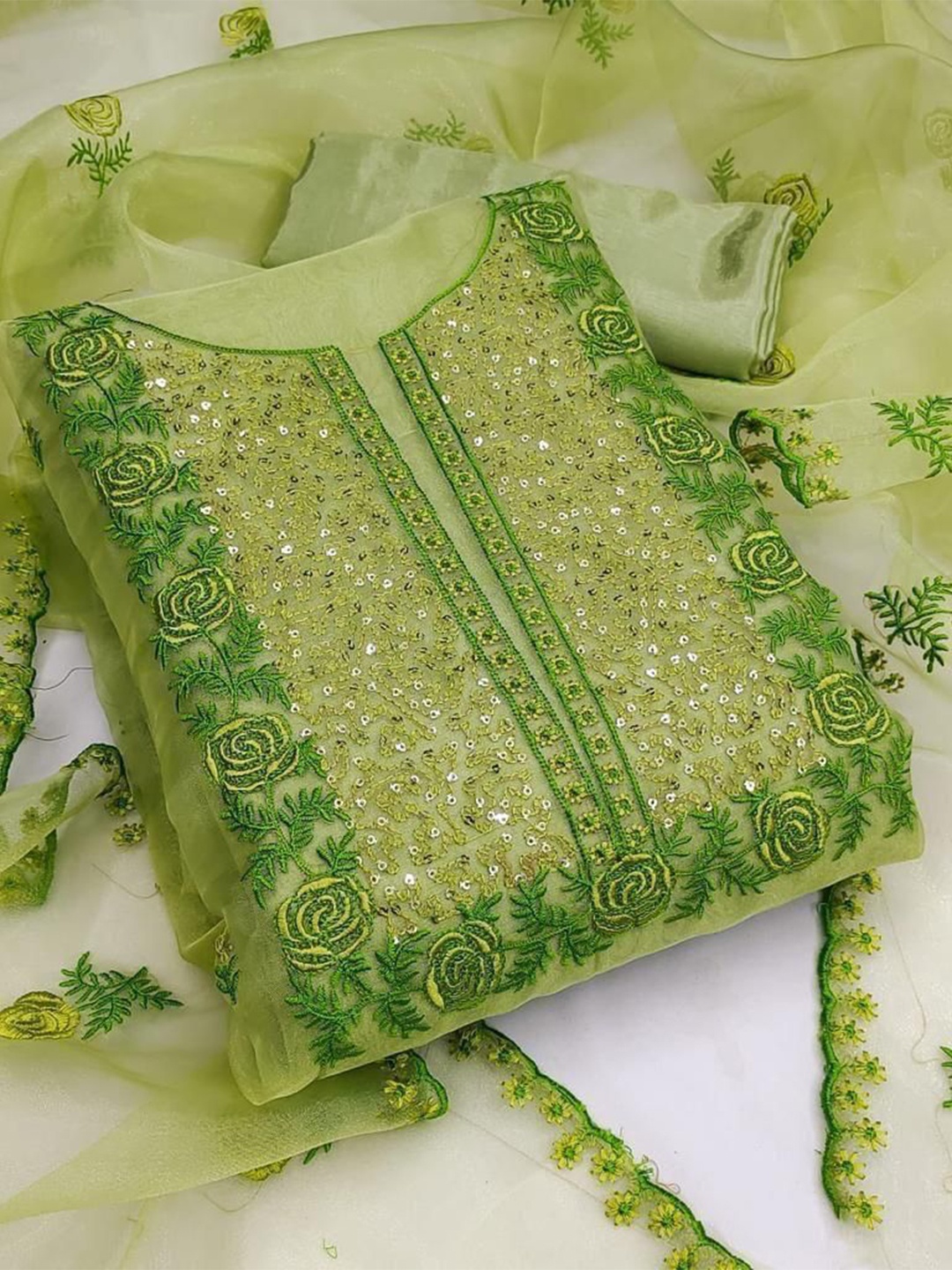 

mimi design Organza Sequenced Unstitched Dress Material, Green