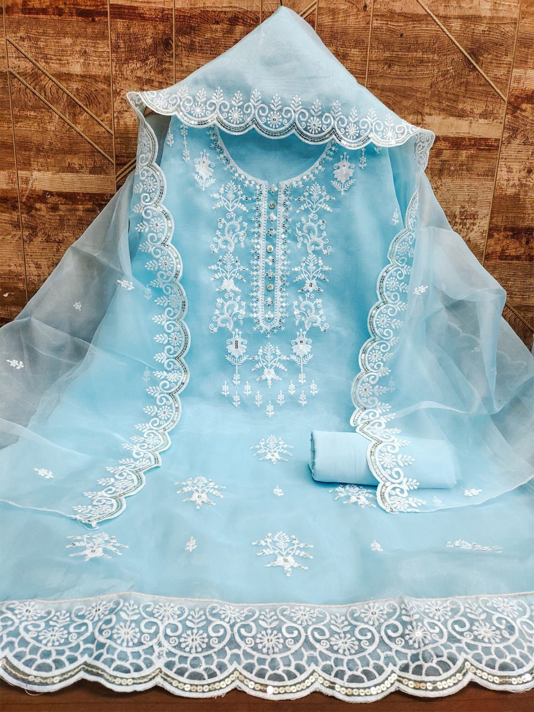 

mimi design Organza Unstitched Dress Material, Turquoise blue