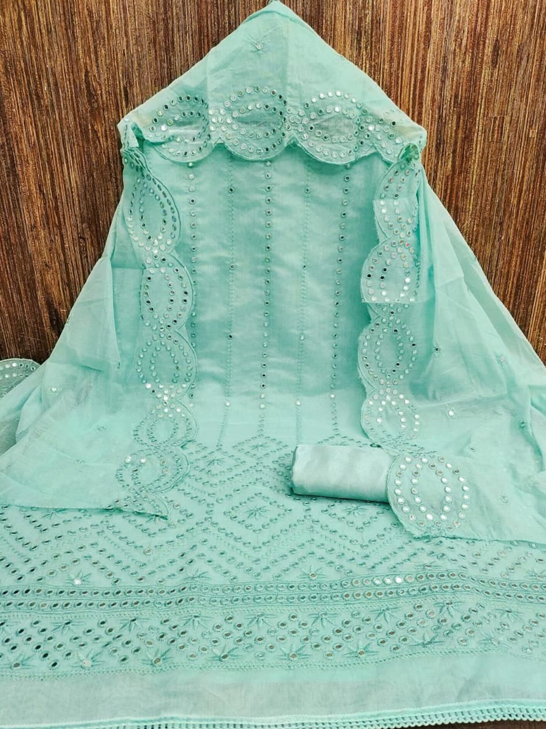 

mimi design Women Embroidered Mirror Work Unstitched Dress Material, Blue