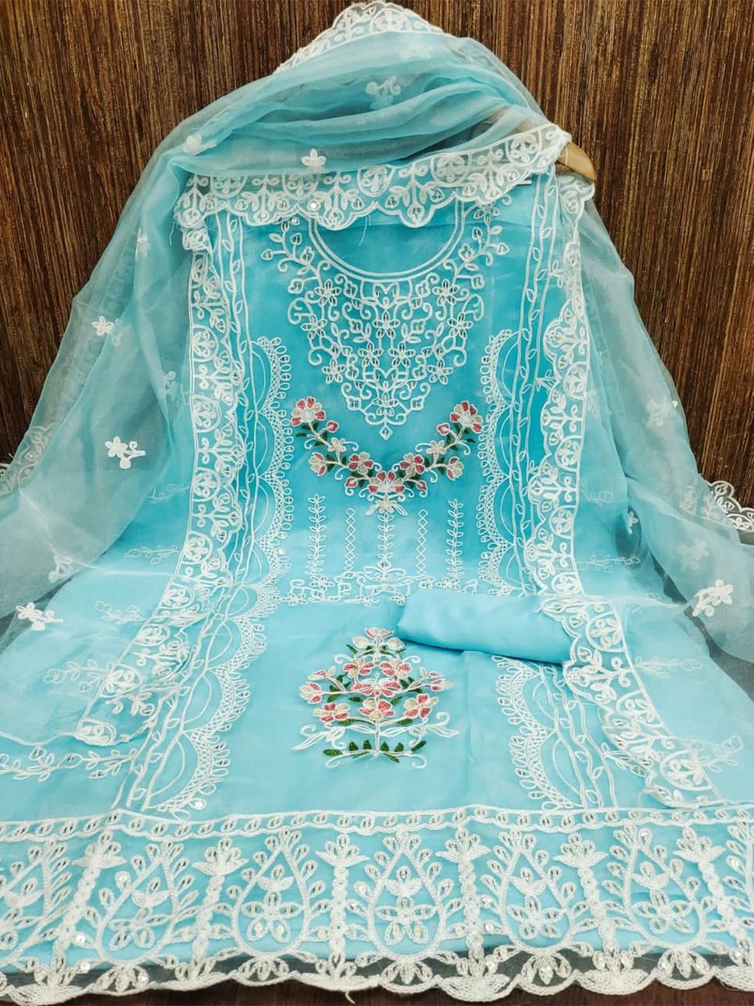 

mimi design Organza Unstitched Dress Material, Turquoise blue