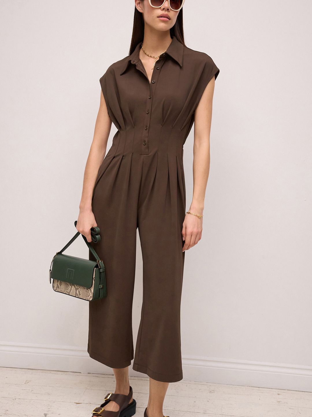 

NEXT Shirt Collar Pleated Jumpsuit, Brown