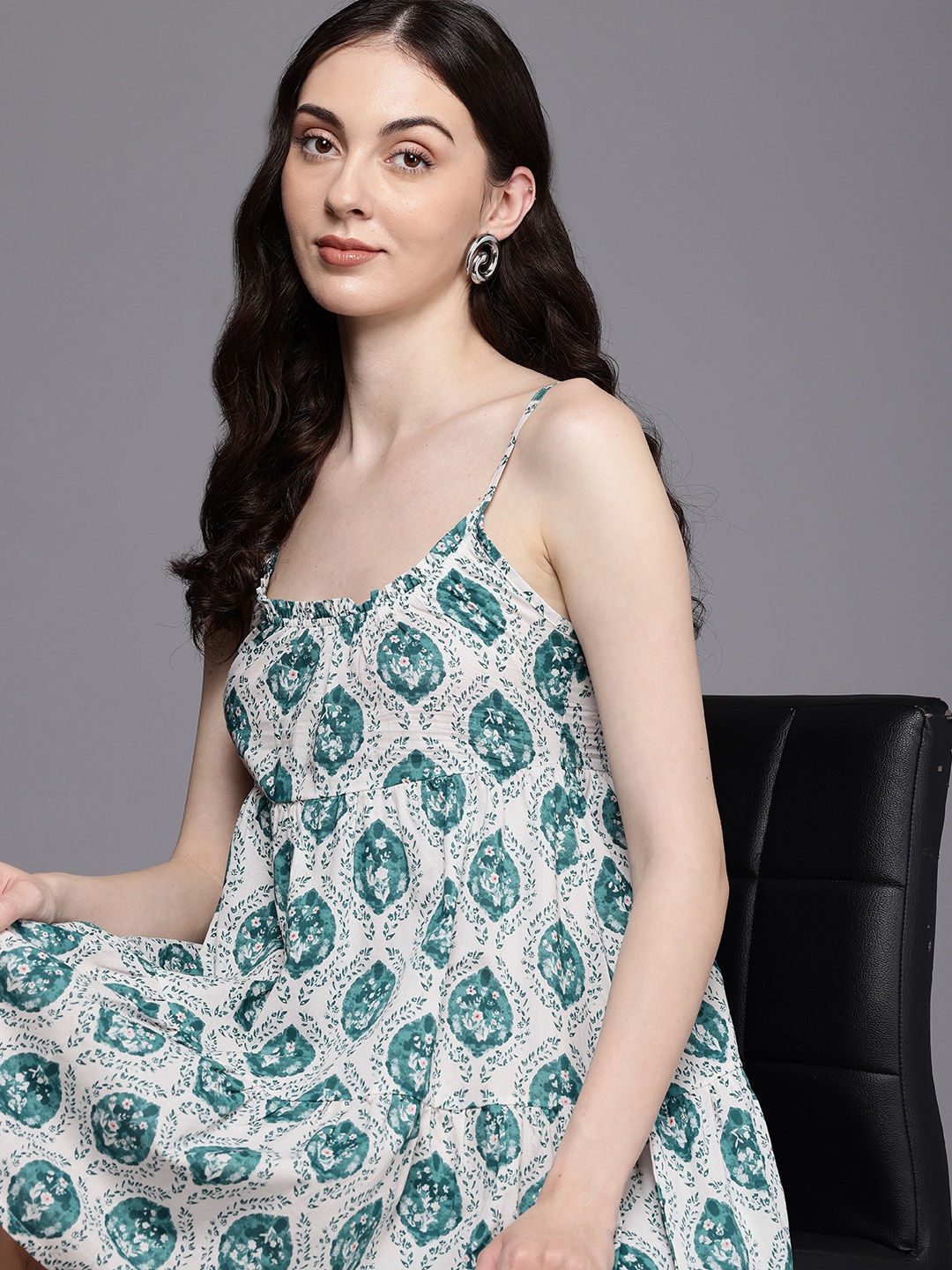 

NEXT Pure Cotton Floral Print A-Line Mini Dress, Teal