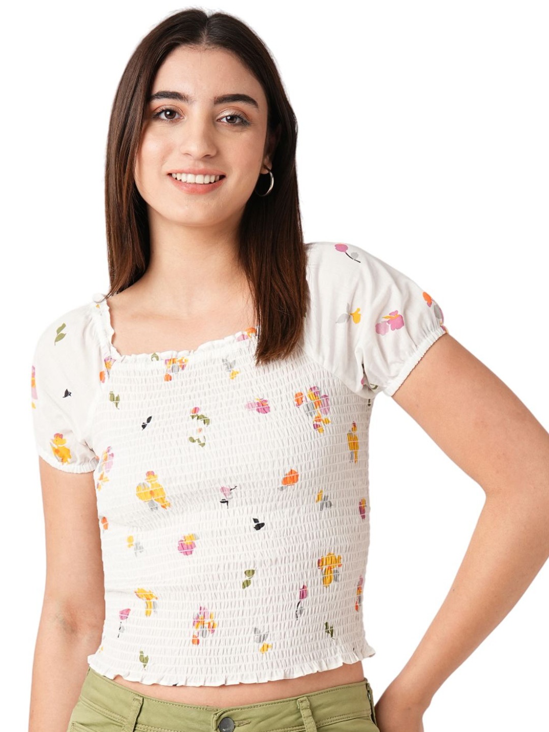 

Kraus Jeans Printed Square Neck Smoked Crop Top, Off white