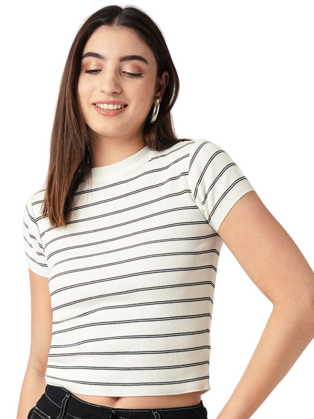 

Kraus Jeans Self Design Striped Round Neck Crop Top, White