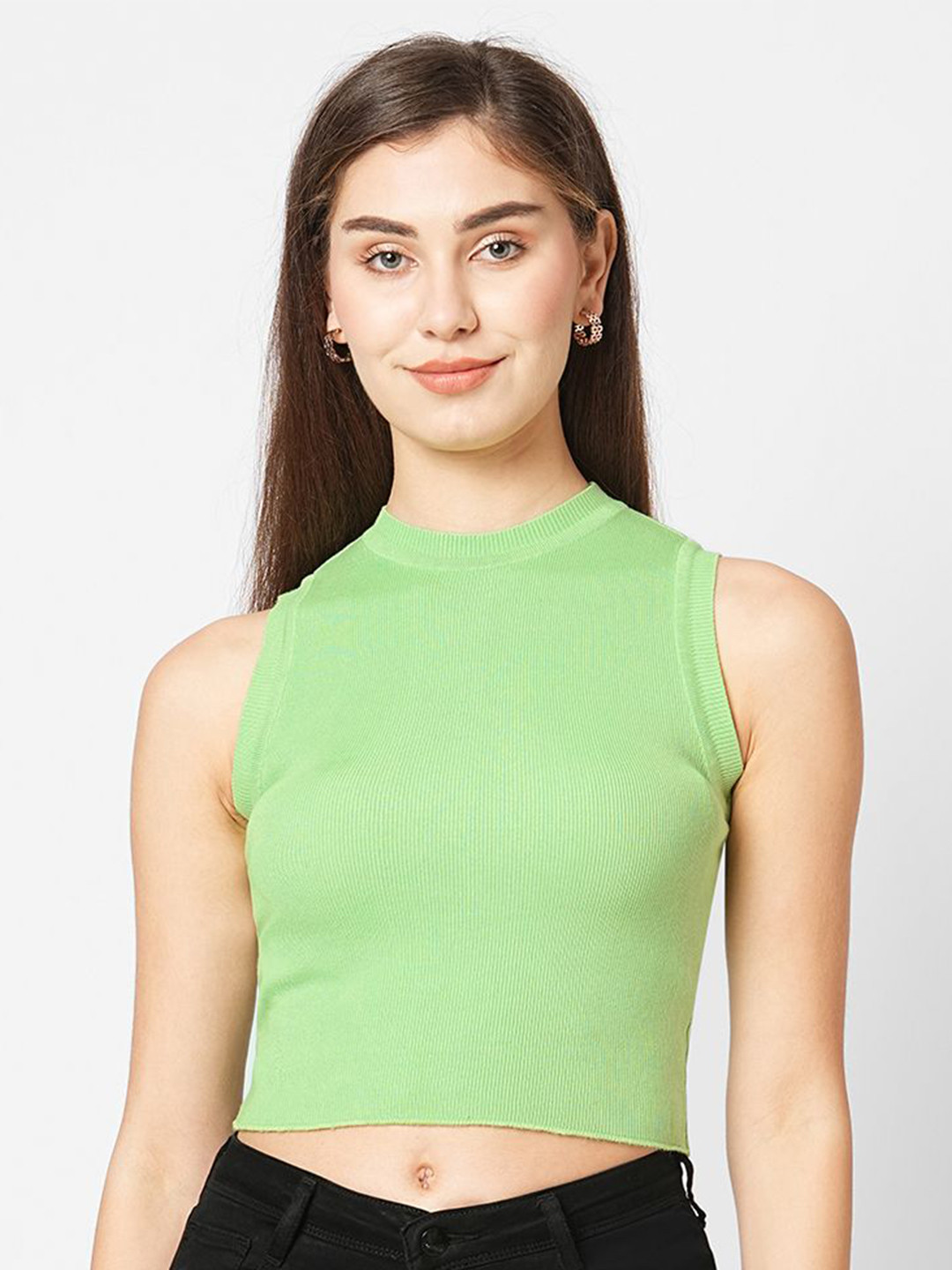 

Kraus Jeans Self Design Round Neck Sleeveless Crop Top, Green