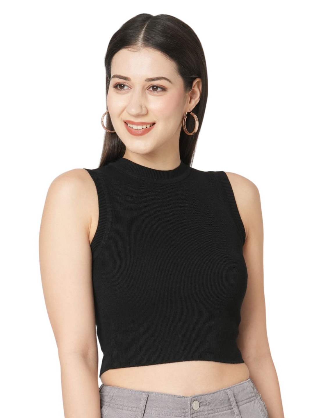 

Kraus Jeans Self Design Round Neck Sleeveless Crop Top, Black