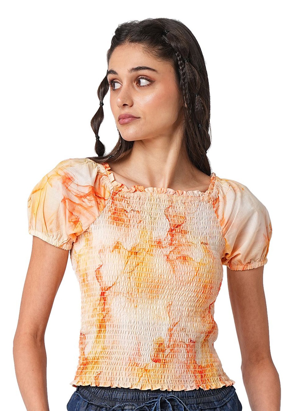 

Kraus Jeans Abstract Printed Square Neck Smoked Top, Orange