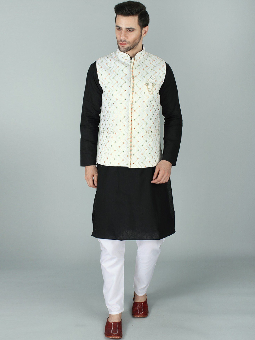 

Exotic India Ethnic Nehru Jacket Waist Coat with Thread-Sequin and Mirror Work Embroidery, White