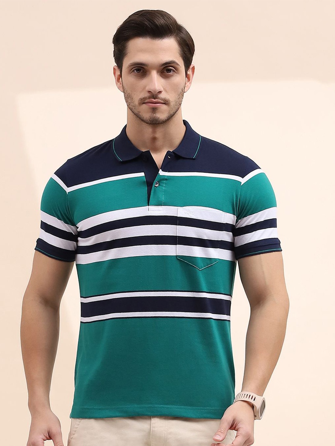 

Cloak & Decker by Monte Carlo Men Striped Polo Collar Pockets T-shirt, Green