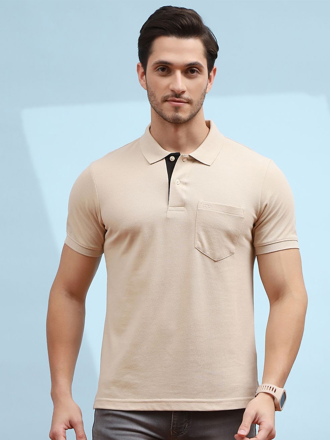 

Cloak & Decker by Monte Carlo Men Polo Collar Pockets T-shirt, Beige