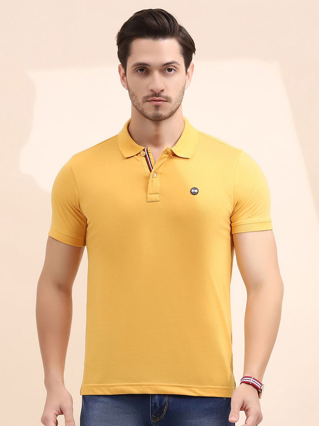 

Cloak & Decker by Monte Carlo Men Polo Collar Applique T-shirt, Mustard