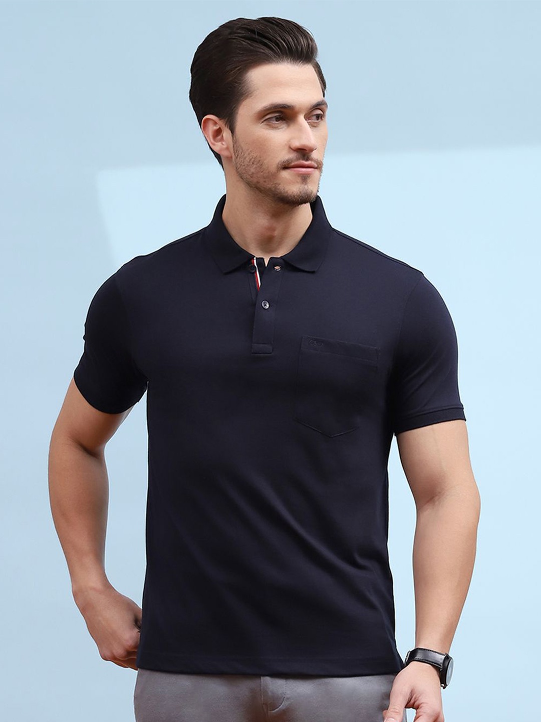 

Cloak & Decker by Monte Carlo Men Polo Collar Monochrome Pockets T-shirt, Navy blue