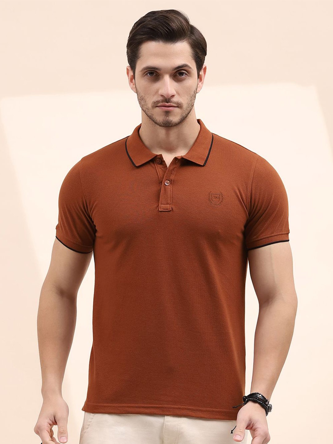 

Cloak & Decker by Monte Carlo Men Polo Collar Applique T-shirt, Brown