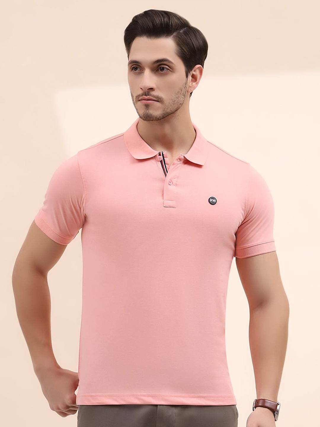 Cloak & Decker by Monte Carlo Men Polo Collar Applique T-shirt, Peach