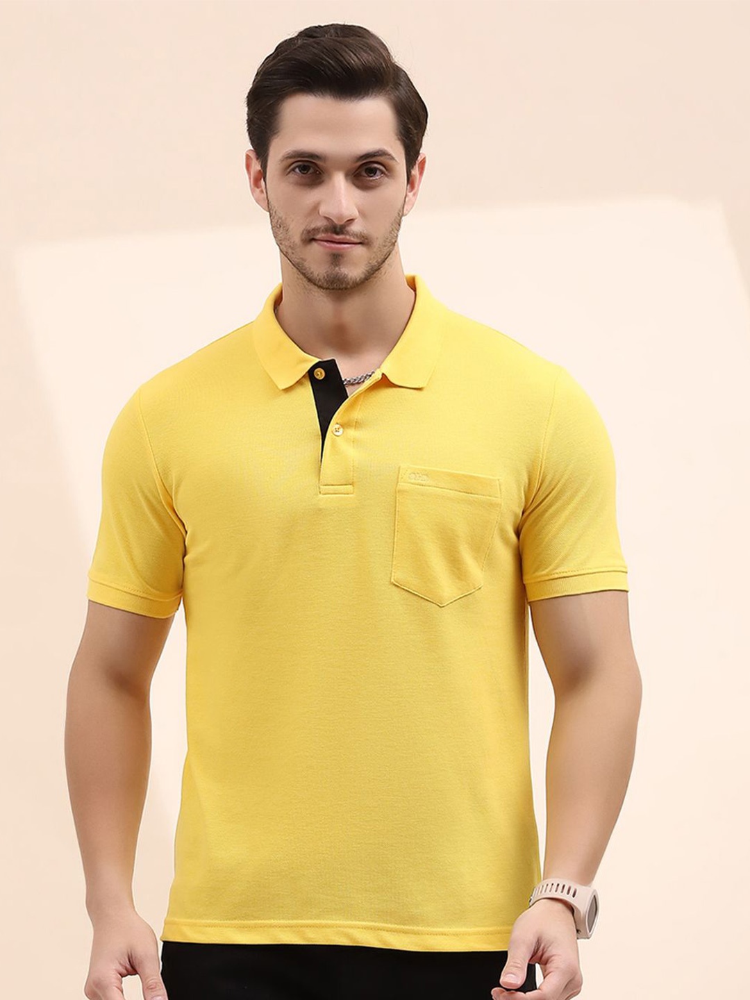 Cloak & Decker by Monte Carlo Men Solid Polo Collar Pockets T-shirt, Yellow