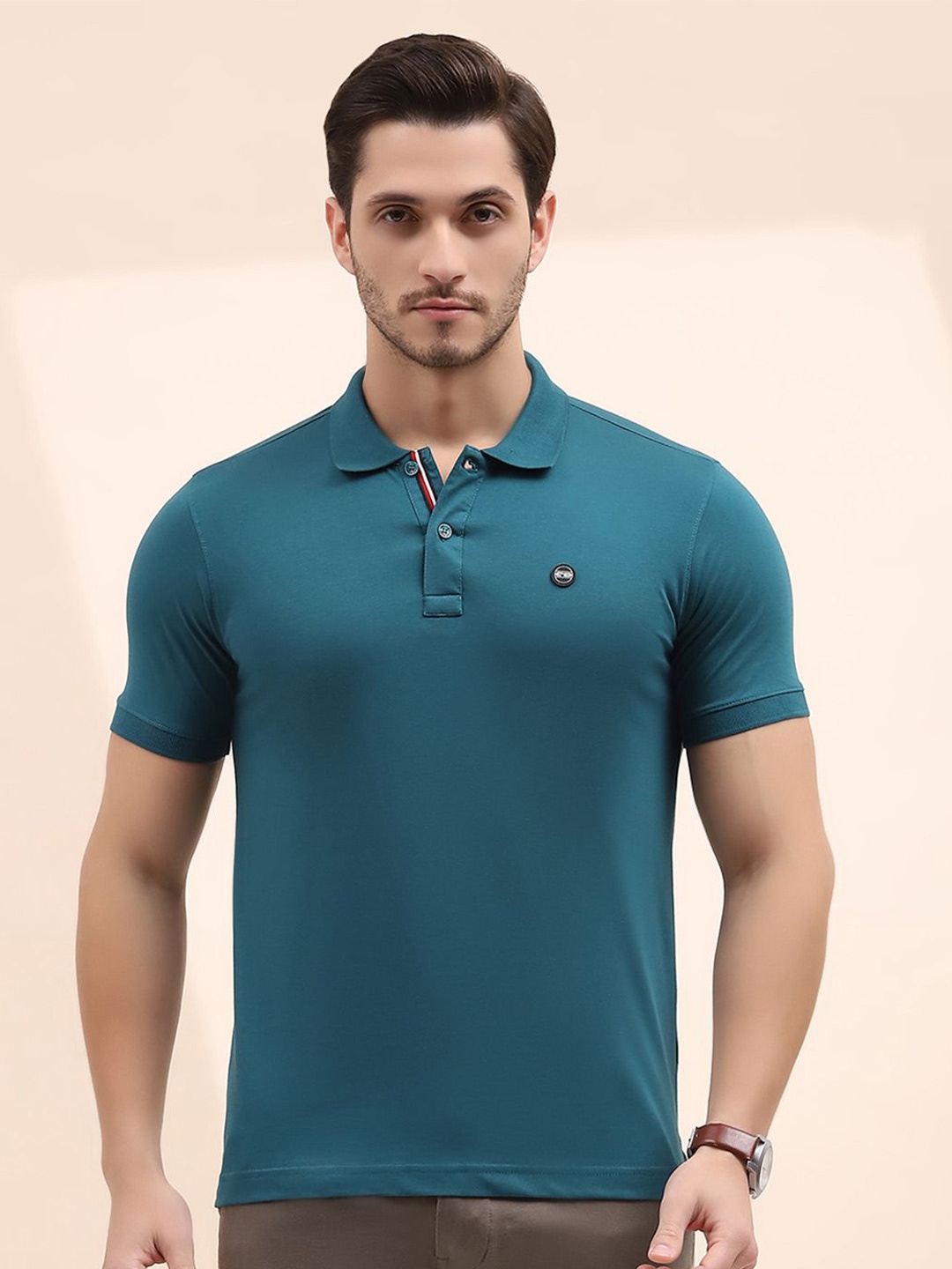 Cloak & Decker by Monte Carlo Men Polo Collar Applique T-shirt, Blue