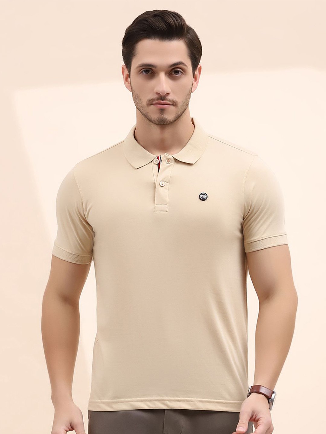 

Cloak & Decker by Monte Carlo Men Polo Collar Applique T-shirt, Beige