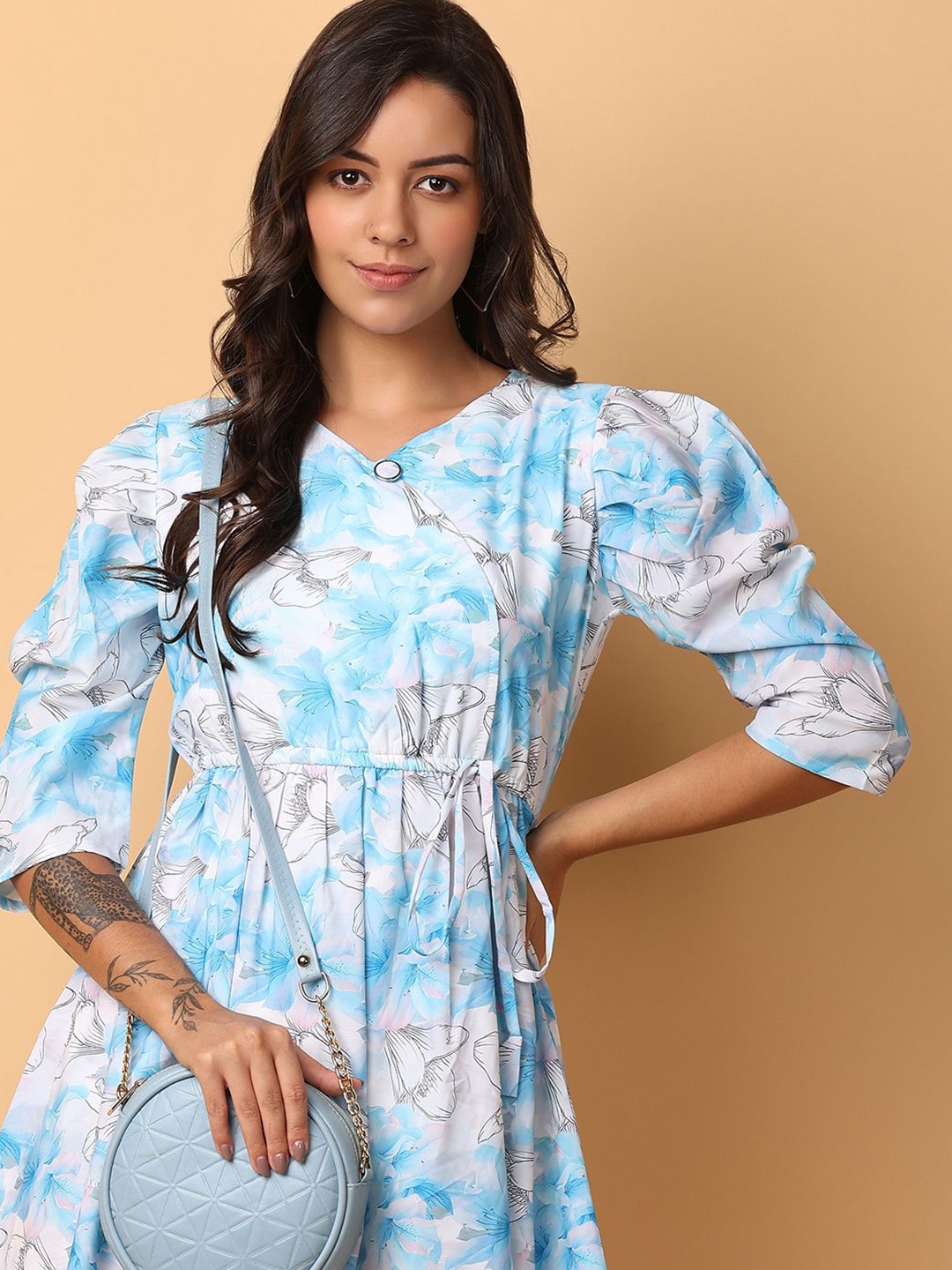 

UNLIMITED Floral Puff Sleeve A-Line Dress, Blue