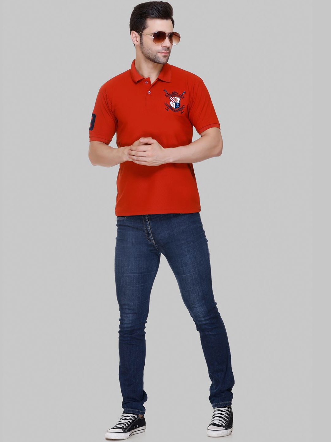 FLOSBERRY Stylish Men Embroidered Polo Collar T-shirt, Rust