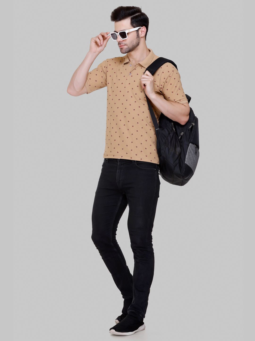 

FLOSBERRY Stylish Men Conversational Printed Polo Collar T-shirt, Beige