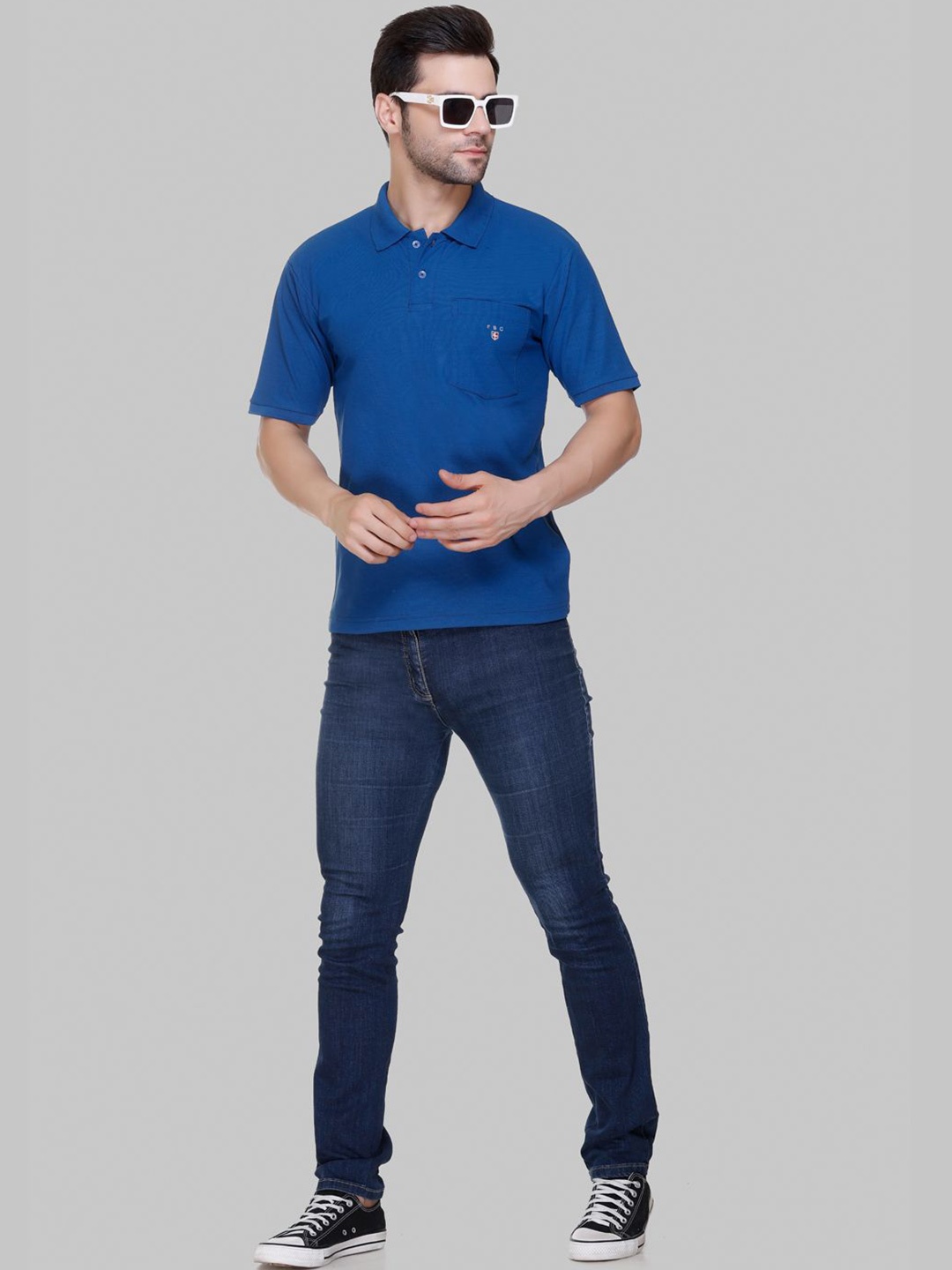 

FLOSBERRY Stylish Men Embroidered Polo Collar Pocket T-shirt, Blue