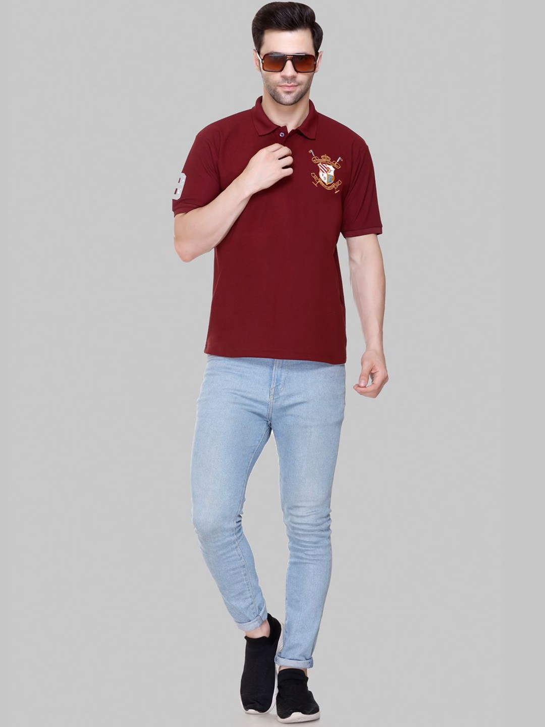 

FLOSBERRY Stylish Men Embroidered Polo Collar T-shirt, Maroon