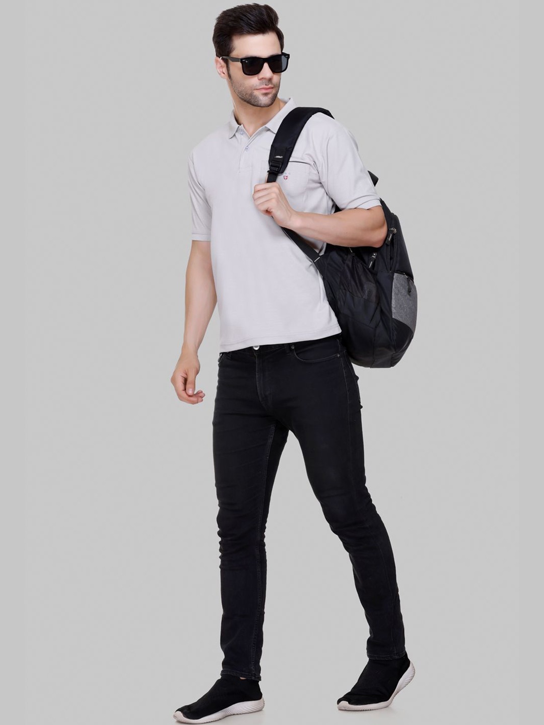 

FLOSBERRY Stylish Men Embroidered Polo Collar Pocket T-shirt, Grey