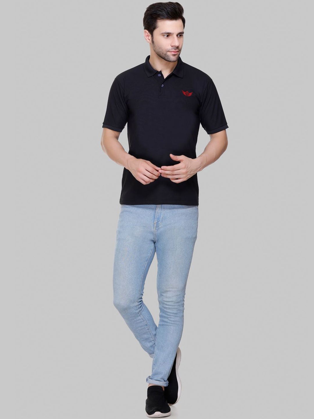 

FLOSBERRY Stylish Men Embroidered Polo Collar T-shirt, Black