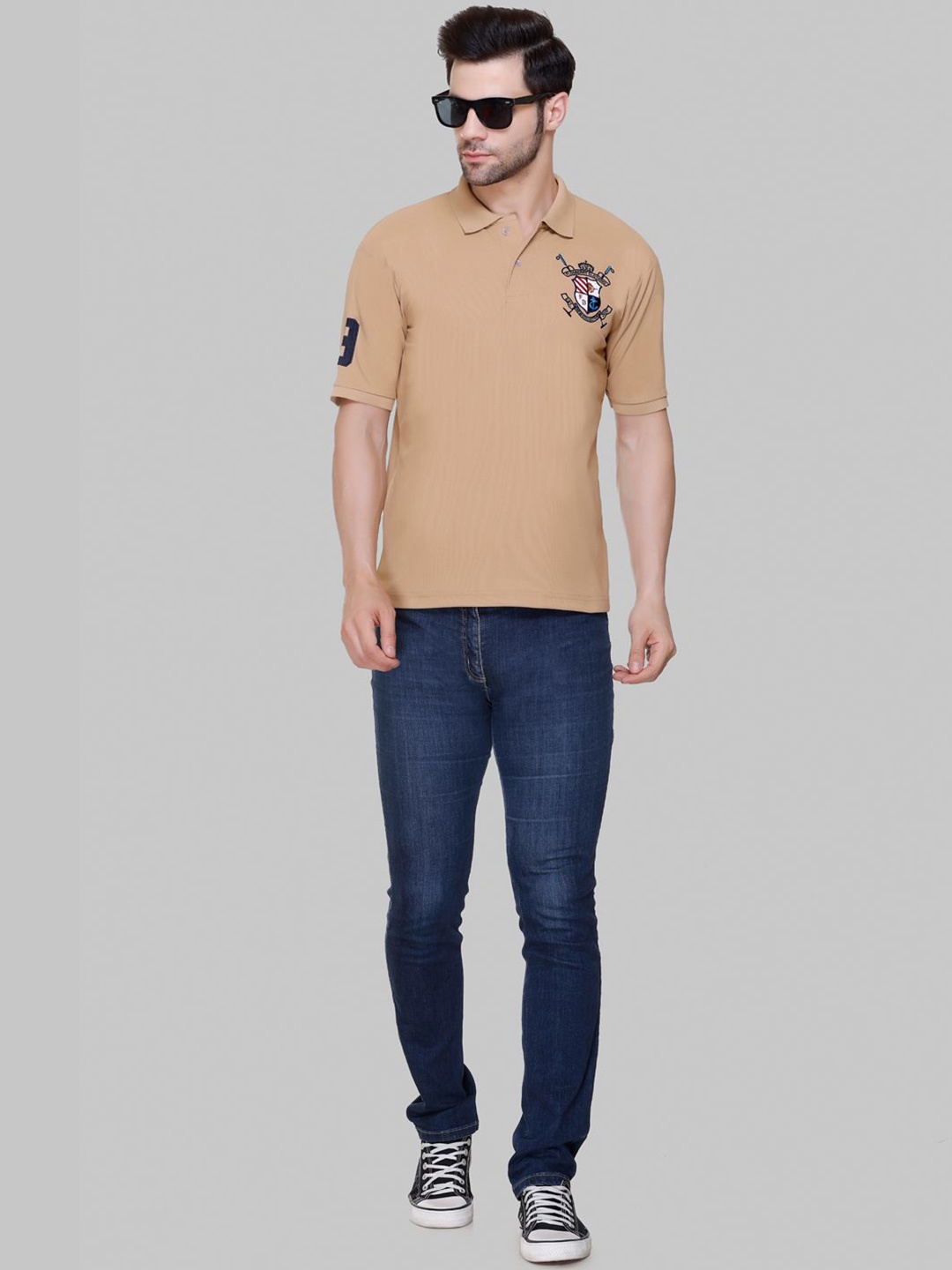 

FLOSBERRY Stylish Men Embroidered Polo Collar T-shirt, Beige