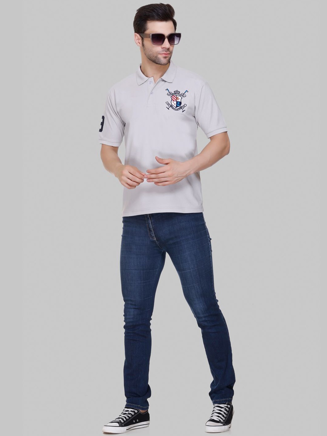

FLOSBERRY Stylish Men Embroidered Polo Collar T-shirt, Grey