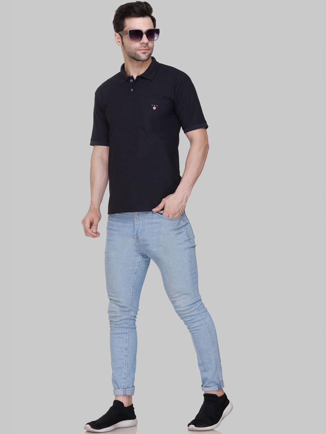 FLOSBERRY Stylish Men Polo Collar Pocket T-shirt, Black