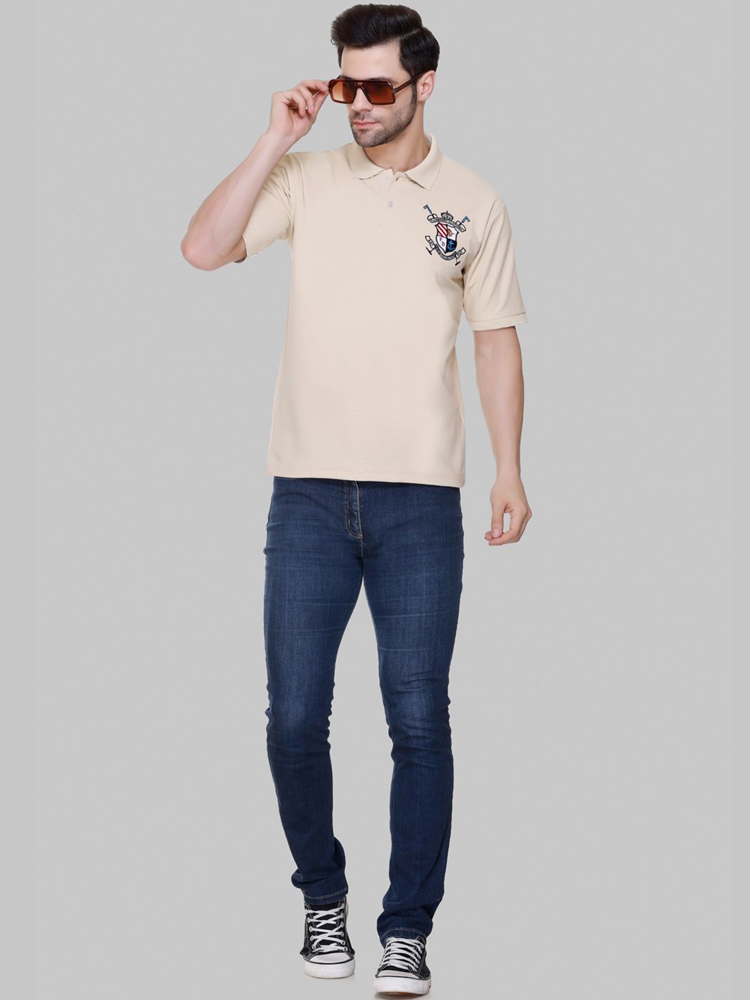 

FLOSBERRY Stylish Men Embroidered Polo Collar T-shirt, Beige
