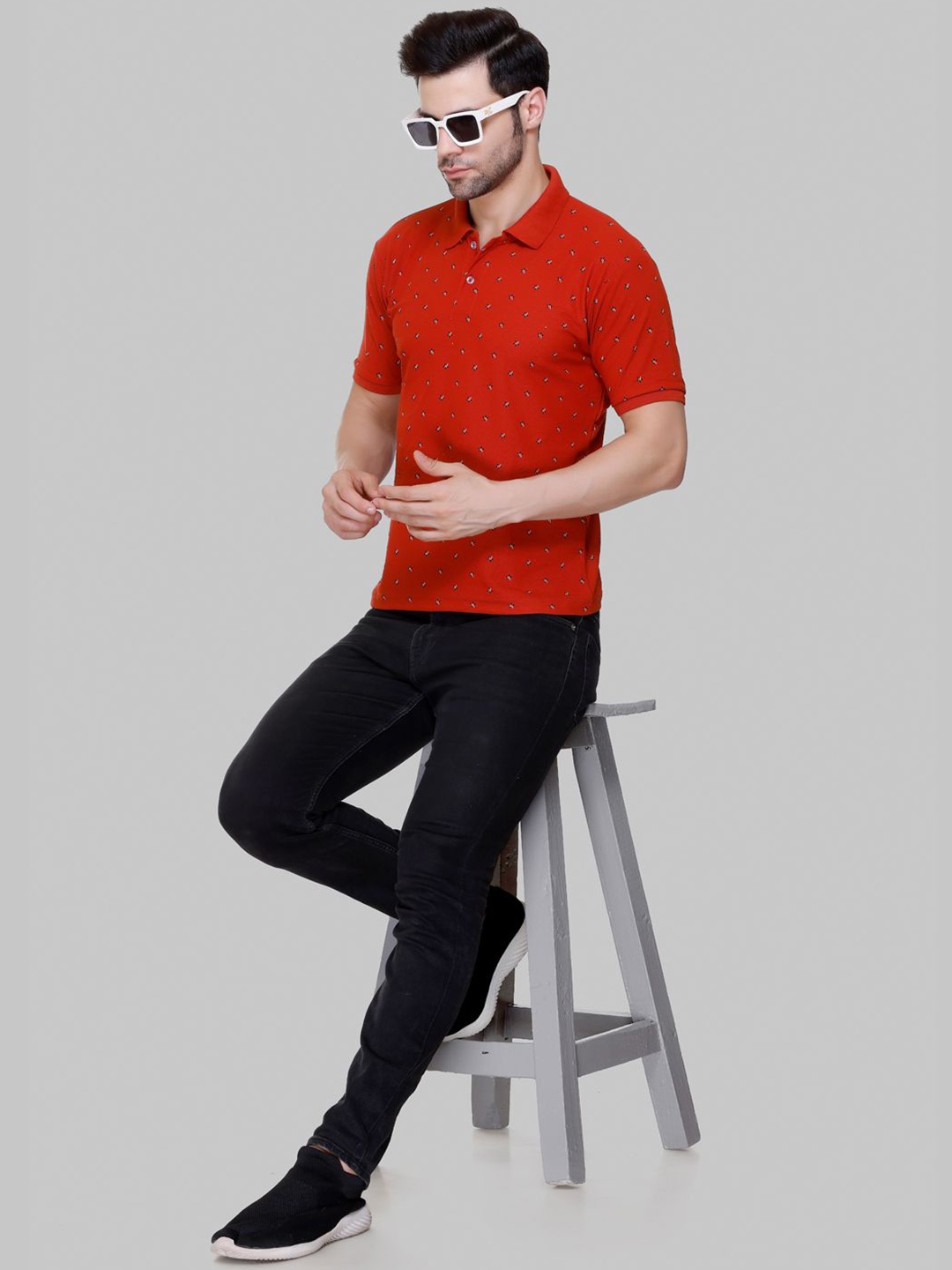 

FLOSBERRY Stylish Men Conversational Printed Polo Collar T-shirt, Rust