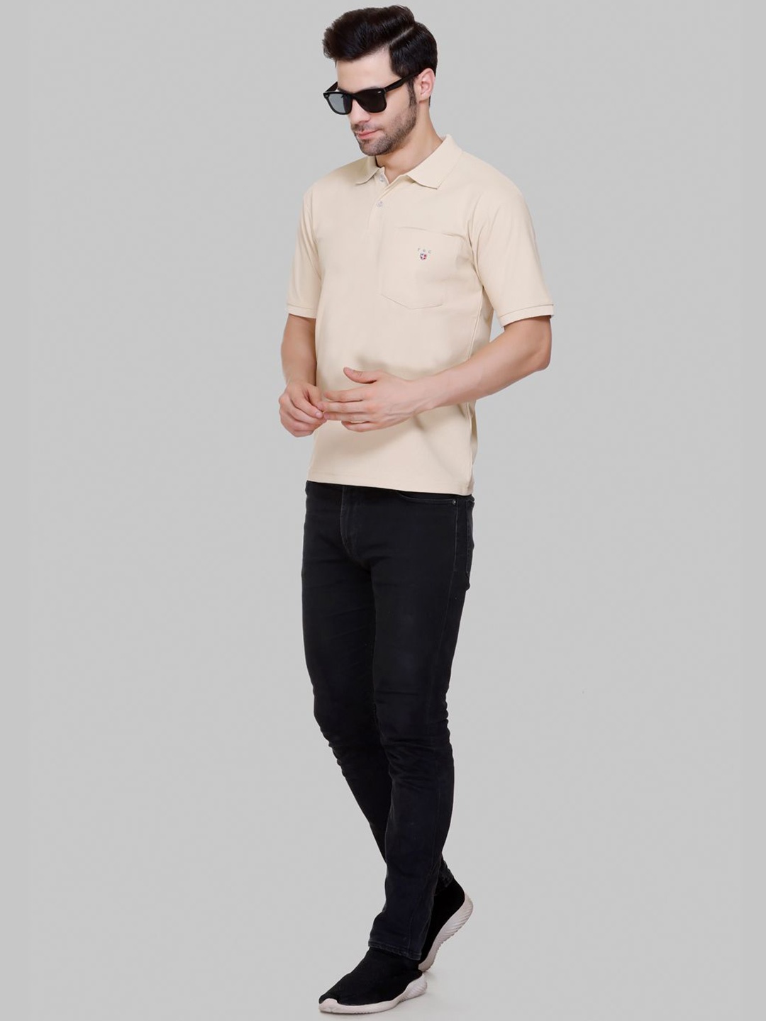 FLOSBERRY Stylish Men Embroidered Polo Collar Pocket T-shirt, Beige