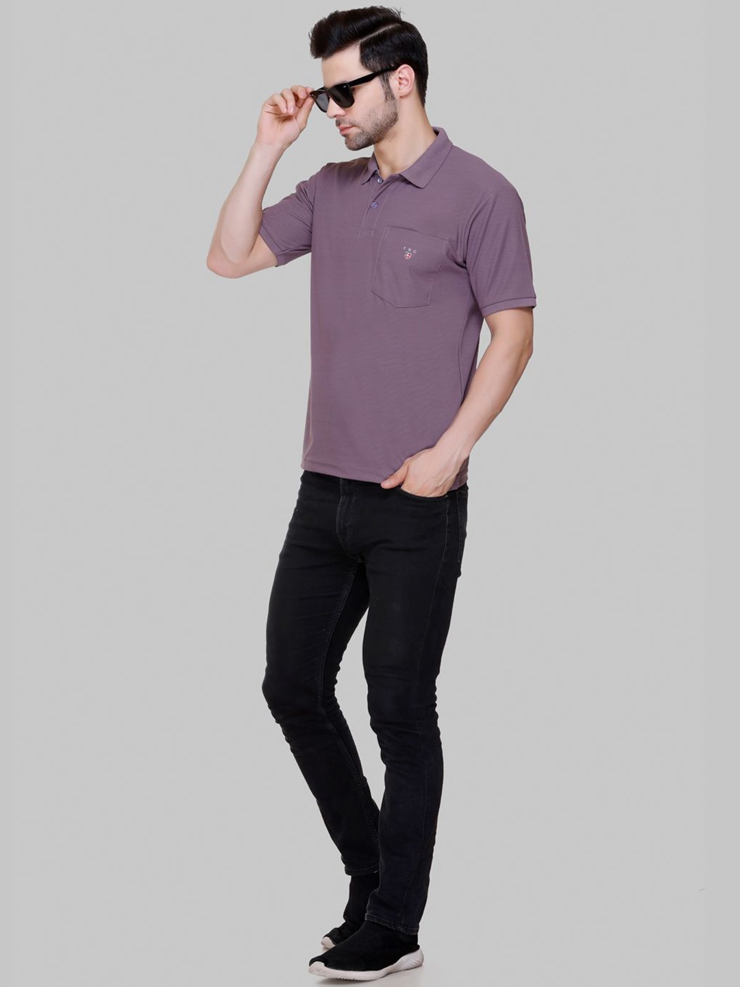 

FLOSBERRY Stylish Men Embroidered Polo Collar Pocket T-shirt, Purple