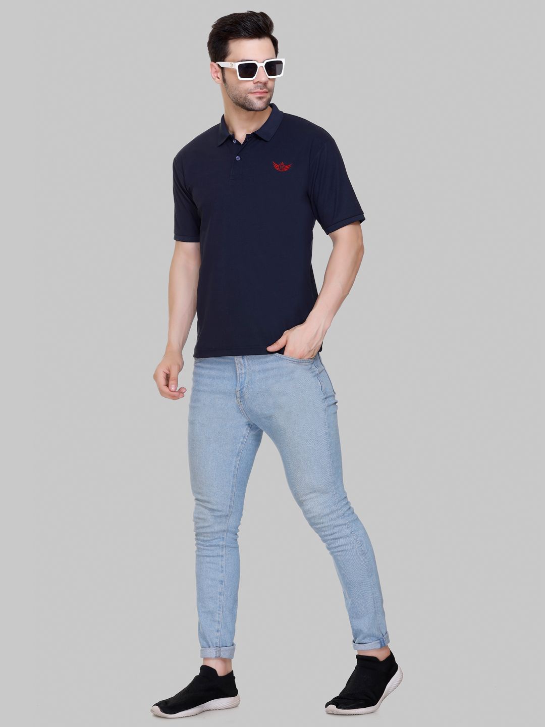 FLOSBERRY Stylish Men Embroidered Polo Collar T-shirt, Blue