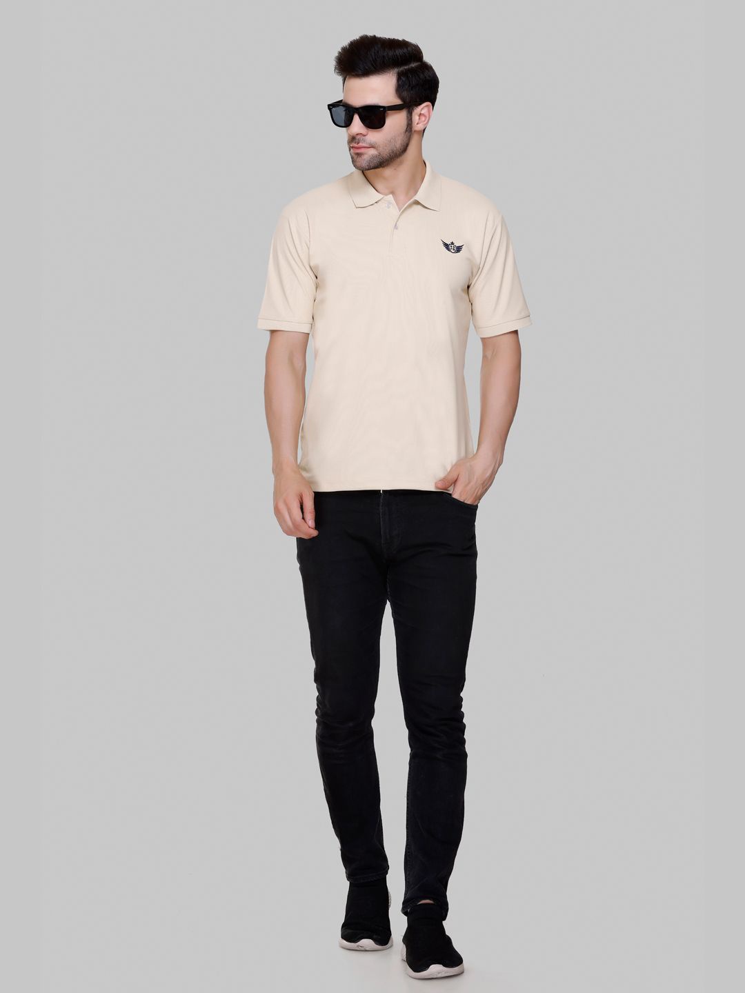 

FLOSBERRY Stylish Men Embroidered Polo Collar T-shirt, Beige