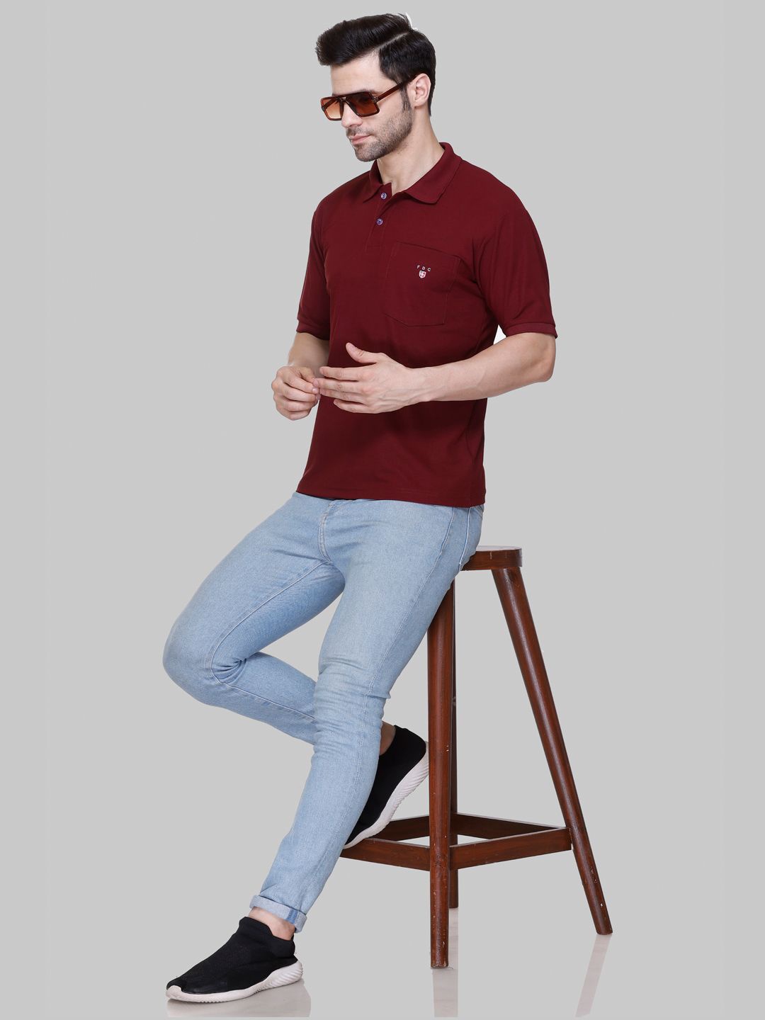 FLOSBERRY Stylish Men Embroidered Polo Collar T-shirt, Purple