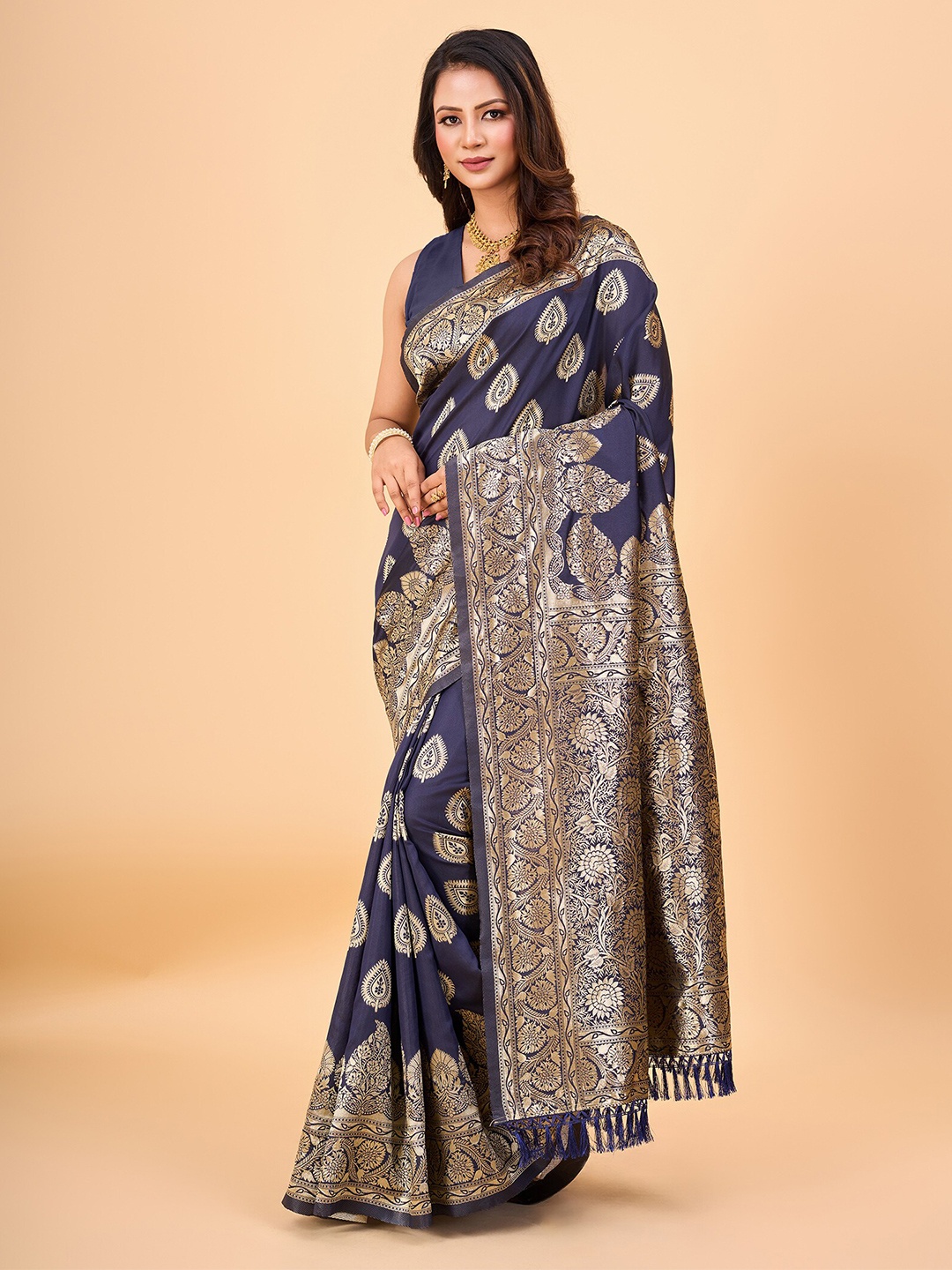 NIRMAL CREATION Woven Design Zari Art Silk Banarasi Saree, Navy blue