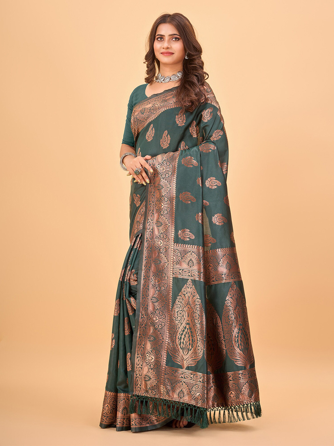 

NIRMAL CREATION Woven Design Zari Kanjeevaram Saree, Olive