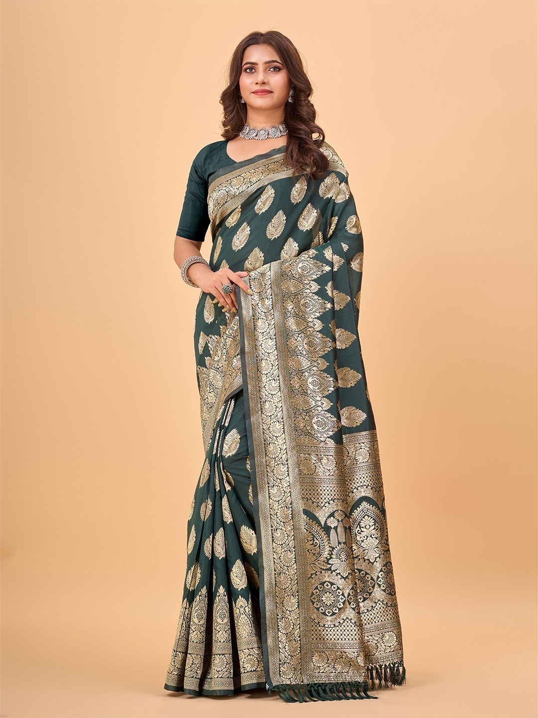 

NIRMAL CREATION Woven Design Zari Kanjeevaram Saree, Green