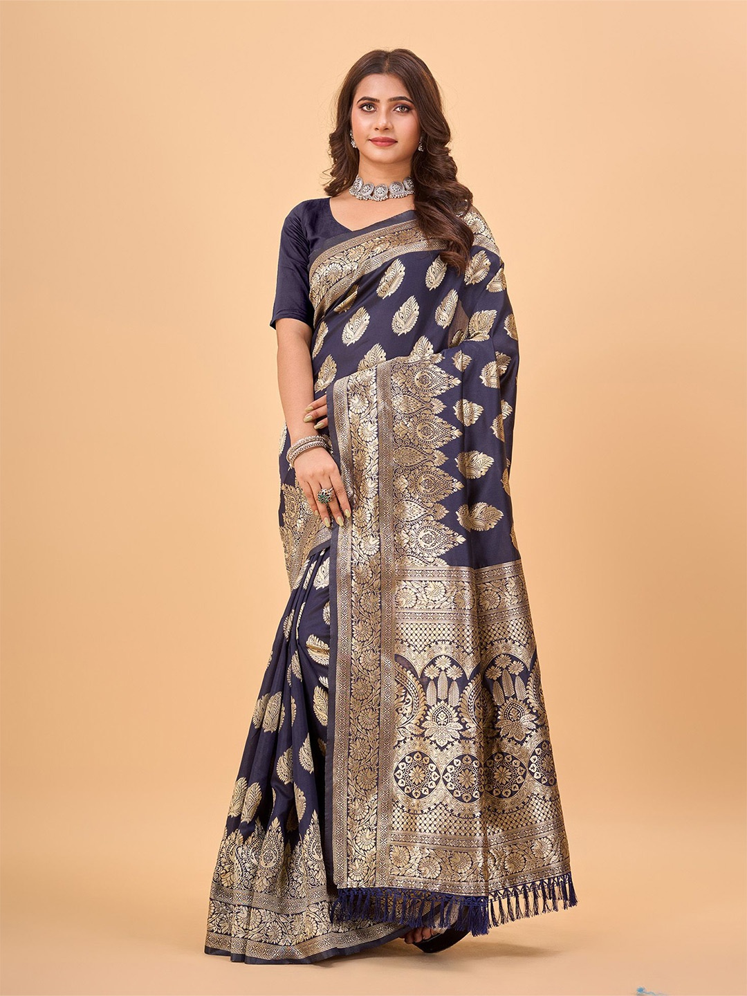 

NIRMAL CREATION Woven Design Zari Kanjeevaram Saree, Navy blue