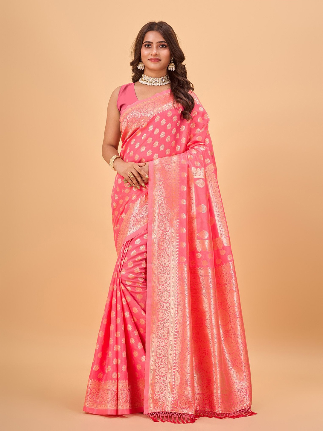 

NIRMAL CREATION Woven Design Zari Art Silk Kanjeevaram Saree, Peach