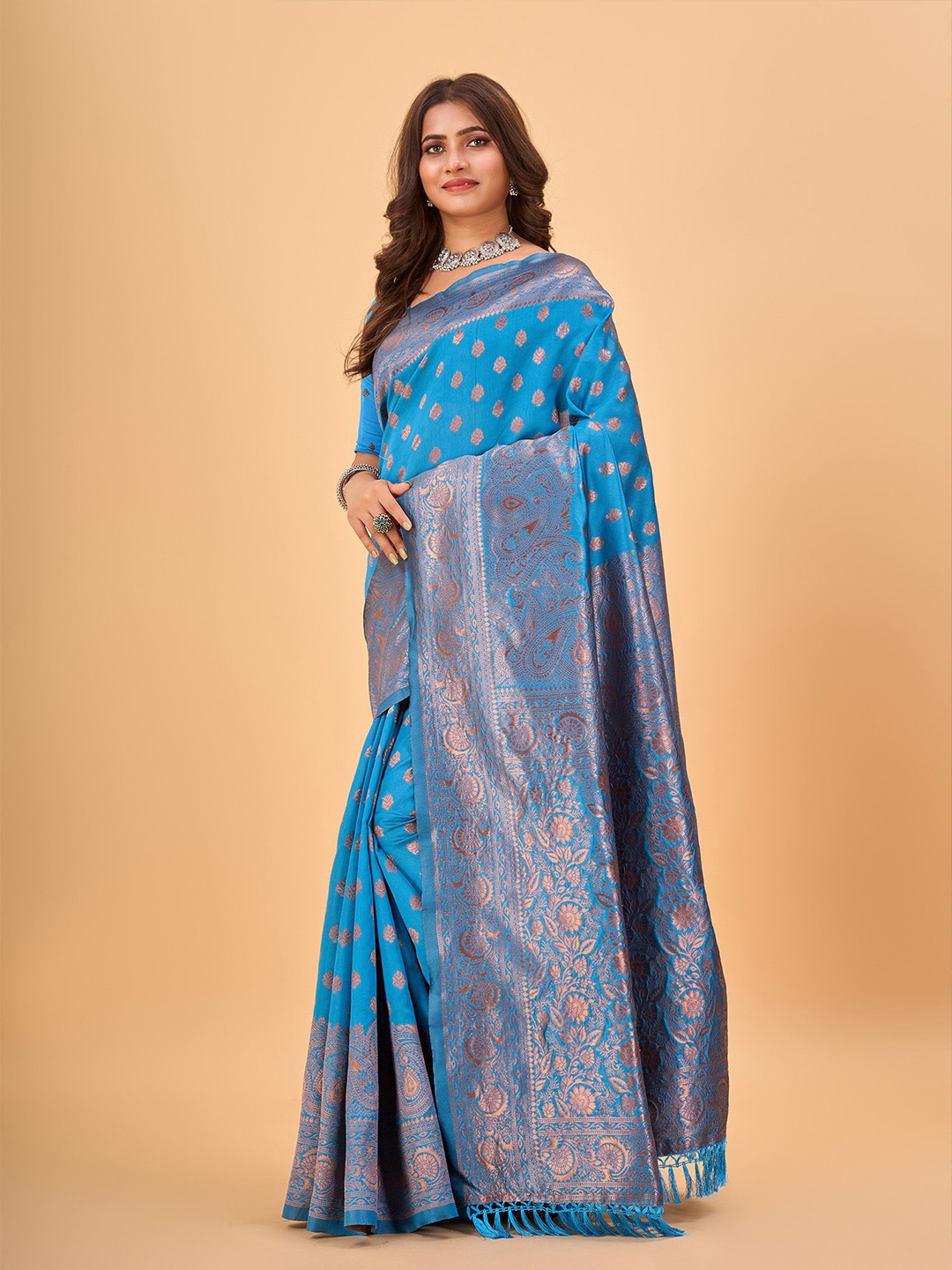 

NIRMAL CREATION Woven Design Zari Kanjeevaram Saree, Turquoise blue