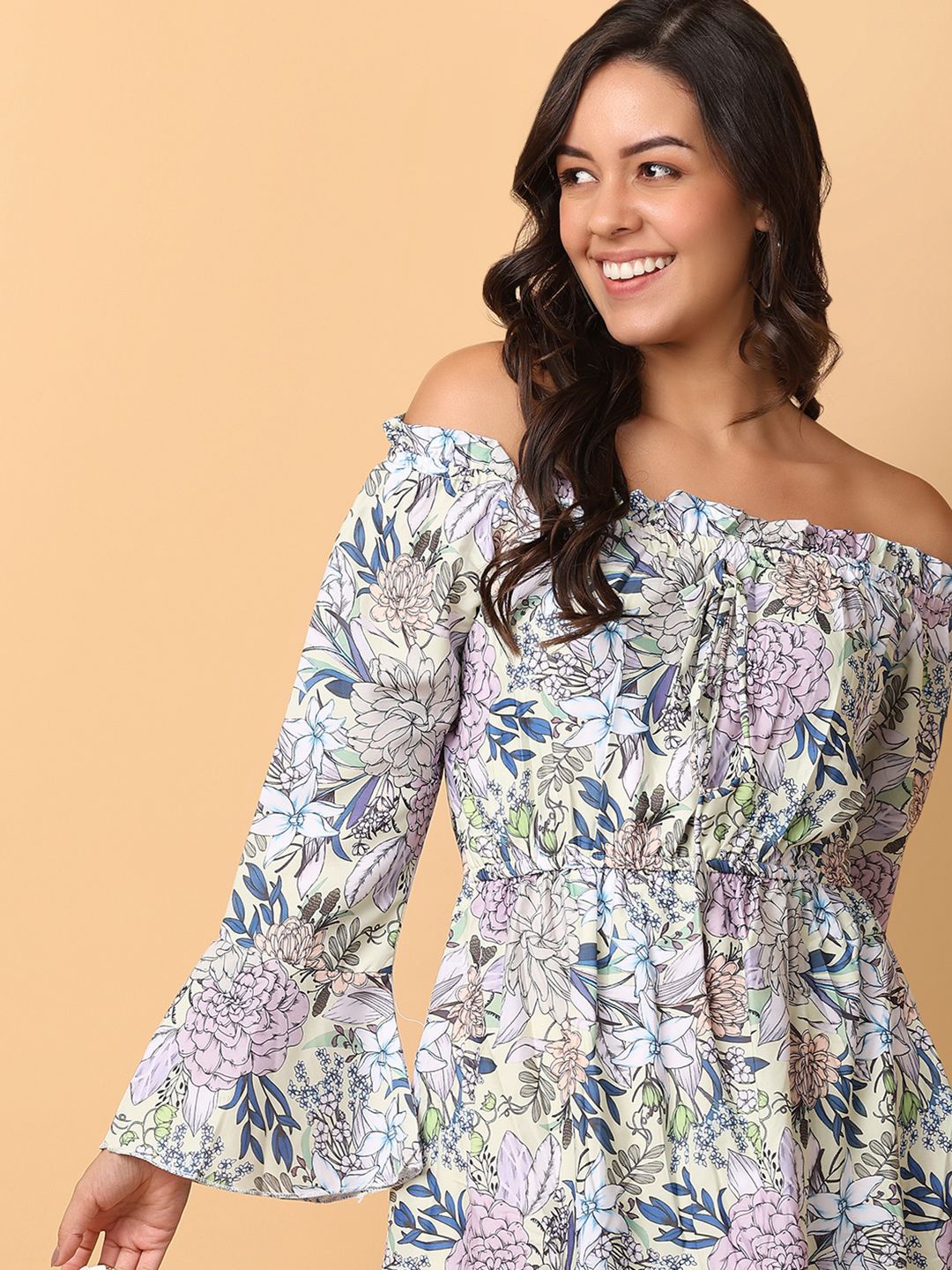 V-Mart Floral Print Off-Shoulder Slit Sleeve Fit & Flare Dress, Yellow